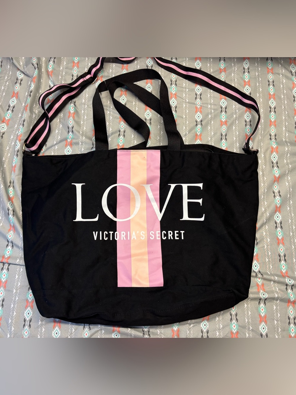 🌀Victoria's Secret XL Black Tote with Pink and Peach Stripe
